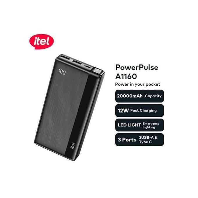 itel PowerPulse A1160 20000mAh Power Bank | Type-C Output Fast Charging